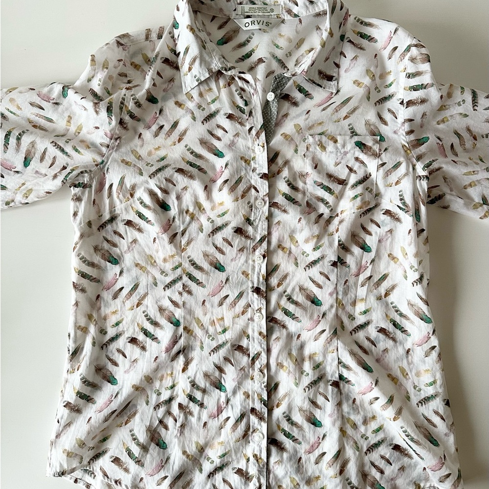 Orvis Feather Print Wrinkle-Resistant Cotton Button Down Shirt - Size 12